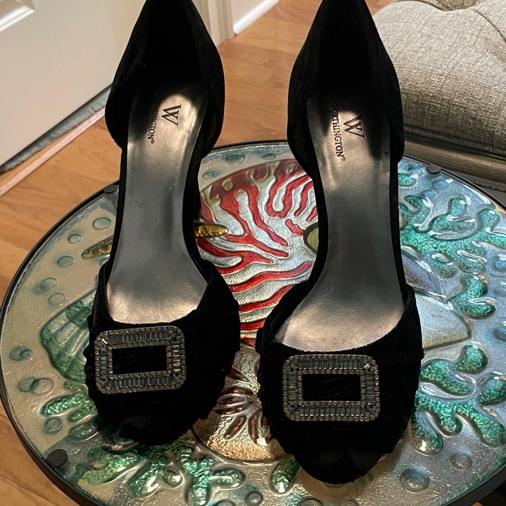 Worthington Black Heels with Rhinestone Buckle